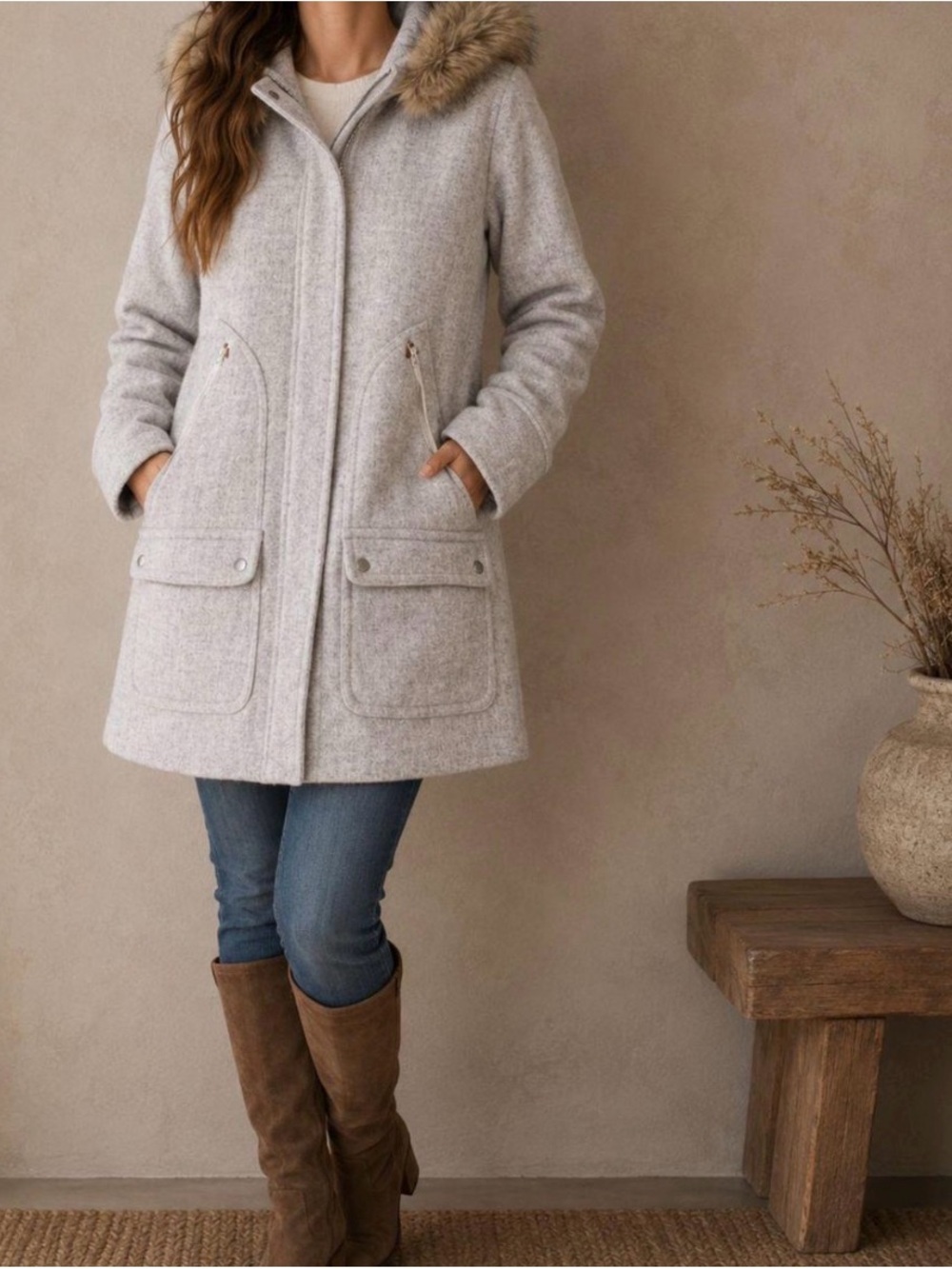 J. Crew Light Gray Hooded Wool-Blend Stadium Coat Nello with Faux Fur Trim